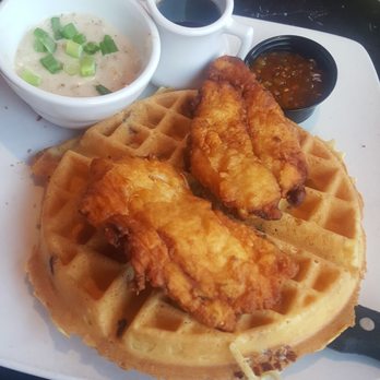 Silver Diner - Pickle Brined Fried Chicken & Waffles with 3 sauces - Diners Near Me - Reston, Virginia Silver Diner - Pickle Brined Fried Chicken & Waffles with 3 sauces - Diners Near Me - Reston, Virginia
