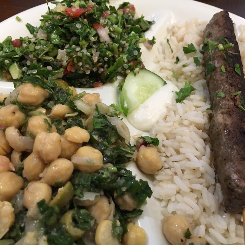 Sassool - Single platter with kofte , chick pea salad and toubbelah - Mediterranean Near Me - Cary, North Carolina Sassool - Single platter with kofte , chick pea salad and toubbelah - Mediterranean Near Me - Cary, North Carolina