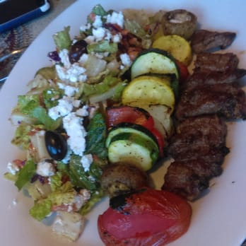 Kolbeh Kabob - Sirloin steak kabob, Greek salad with Greek olives and feta cheese, grilled vegetables. Delicious! - Persian/Iranian Near Me - Orangevale, California Kolbeh Kabob - Sirloin steak kabob, Greek salad with Greek olives and feta cheese, grilled vegetables. Delicious! - Persian/Iranian Near Me - Orangevale, California