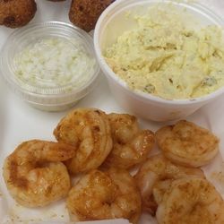 Liz's Cafe - Grilled Shrimp Basket with potato salad, hush puppies and coleslaw.