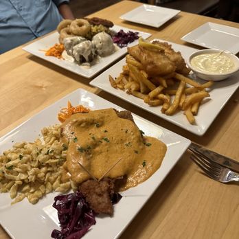 Bavarian Brauhaus - Sampler appetizer, Fish & Chips & Schnitzel with Spaetzle - German Near Me - Bryan, Texas Bavarian Brauhaus - Sampler appetizer, Fish & Chips & Schnitzel with Spaetzle - German Near Me - Bryan, Texas