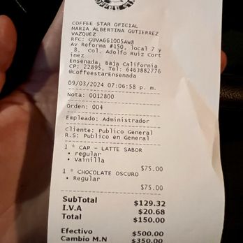 Coffee Star Drive Thru - Receipt - Coffee & Tea Near Me - Ensenada, BCN Coffee Star Drive Thru - Receipt - Coffee & Tea Near Me - Ensenada, BCN