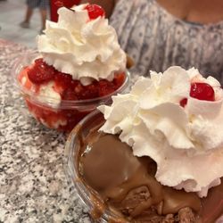 Sarris Candies - Chocolate double scoop peanut butter on top and chocolate hard cap Strawberry fields sundae