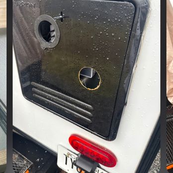 Dave's Mobile RV Service & Repair - New hole drilled in existing cover to retrofit the new one for the exhaust - RV Repair Near Me Dave's Mobile RV Service & Repair - New hole drilled in existing cover to retrofit the new one for the exhaust - RV Repair Near Me