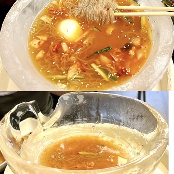 Tong Sam Gyup Goo Yi - Kimchi NangMyun served in a thick ice bowl that kept it cold til the end but did start melting! Softer noodles & sweet broth $15.99    3.5* - Korean Near Me - Flushing, New York