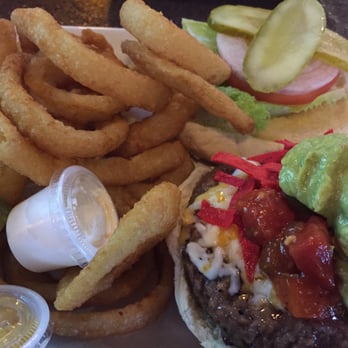 Frosty John's Pub & Restaurant - Tex-Mex Burger with onion rings - Pubs Near Me - Bowmanville, Ontario