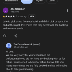 Taxi Seven Warwick - My husband's review and the lies the owner replied with.