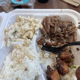 Teriyaki chicken & pork w/ white rice & macaroni salad Teriyaki chicken & pork w/ white rice & macaroni salad