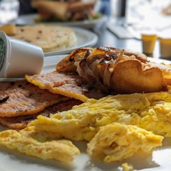 Home Plate Reataurant - Scrambled eggs, peameal bacon, pierogies