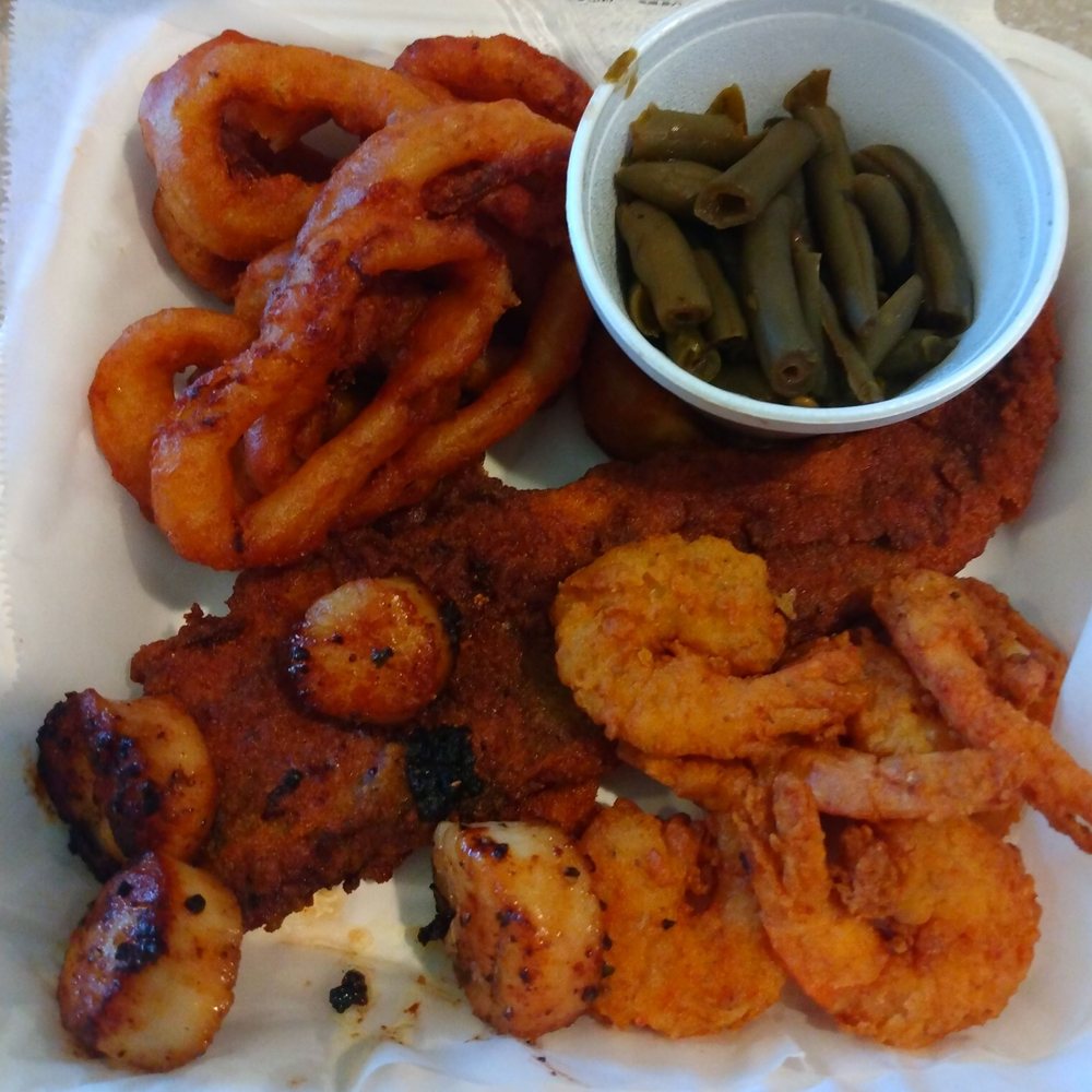 Simply Seafood - Pick 3 Seafood platter- Fried whiting, scallops, shrimp, with onion rings and green beans ($15.99) - Seafood Near Me - Johns Island, South Carolina Simply Seafood - Pick 3 Seafood platter- Fried whiting, scallops, shrimp, with onion rings and green beans ($15.99) - Seafood Near Me - Johns Island, South Carolina
