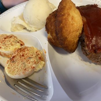 Boaz Cafe - Bland Meatloaf, deviled eggs, bland mash potatoes, and corn muffin. - Cafes Near Me - Boaz, Alabama Boaz Cafe - Bland Meatloaf, deviled eggs, bland mash potatoes, and corn muffin. - Cafes Near Me - Boaz, Alabama