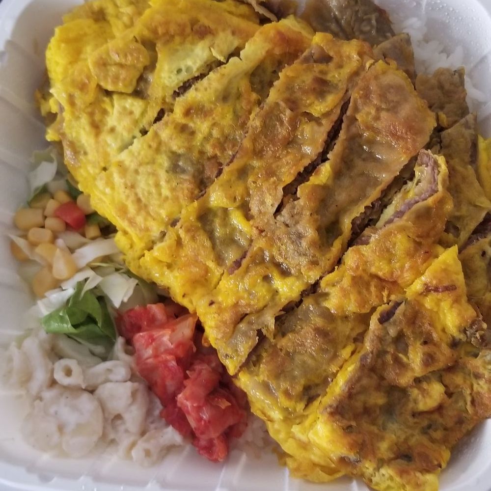 Yellow Kitchen - 2 layers of Meat jun on a bed of rice with tiny side of kim chee, mac salad & a corn cabbage salad. - Food Trucks Near Me - Waipahu, Hawaii