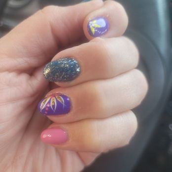 Romantic Nails - My nieces wanted my nails to incorporate pink teal purple with gold glitter abs flowers - Nail Salons Near Me - Monrovia, California