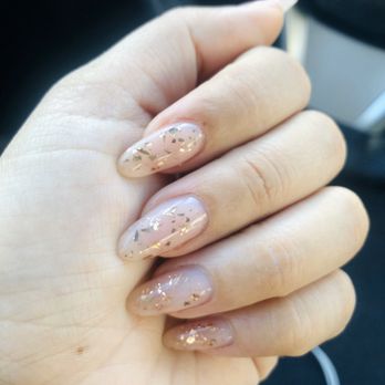 Polish’d Nail Salon - This is all gel! Nude base and gold flakes gel on top. Don't know the color names. But it's on the color chart. Almond shape? - Nail Salons Near Me - Long Beach, California Polish’d Nail Salon - This is all gel! Nude base and gold flakes gel on top. Don't know the color names. But it's on the color chart. Almond shape? - Nail Salons Near Me - Long Beach, California