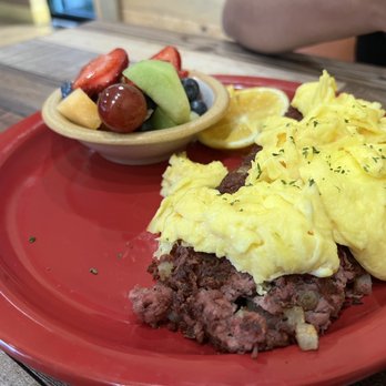 Eggscellent - Cornbeef Hash with scrambled eggs, butter toast, and fresh fruits. - Breakfast & Brunch Near Me - Las Vegas, Nevada Eggscellent - Cornbeef Hash with scrambled eggs, butter toast, and fresh fruits. - Breakfast & Brunch Near Me - Las Vegas, Nevada