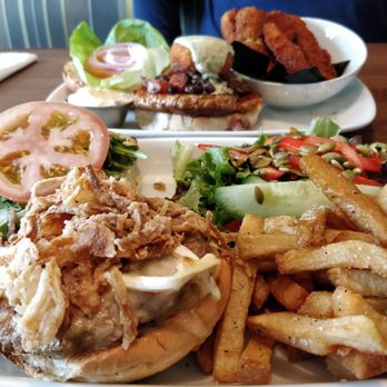 Bin 4 Burger Lounge - Peachy Keen (ground turkey, brie, crispy fried onions) & Boss Hog (pork & chorizo, black bean salsa, panko crusted fried goat cheese) - Burgers Near Me - Victoria, British Columbia Bin 4 Burger Lounge - Peachy Keen (ground turkey, brie, crispy fried onions) & Boss Hog (pork & chorizo, black bean salsa, panko crusted fried goat cheese) - Burgers Near Me - Victoria, British Columbia
