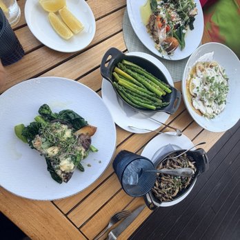 Spencer's at the Waterfront - Our dinner with Steak, asparagus, mushrooms, ravioli and swordfish. - Modern European Near Me - Burlington, Ontario Spencer's at the Waterfront - Our dinner with Steak, asparagus, mushrooms, ravioli and swordfish. - Modern European Near Me - Burlington, Ontario