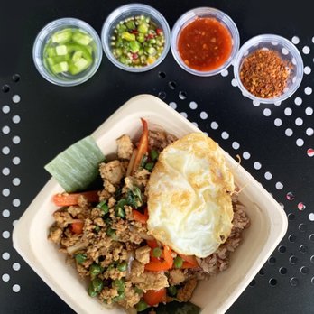 Spoon and Fork - Sweet Basil Chicken: Stir fried garlic + chili, ground chicken, green beans, fresno peppers, sweet basil | $12 + $2 egg + $.50 brown rice - Thai Near Me - Belmont, California Spoon and Fork - Sweet Basil Chicken: Stir fried garlic + chili, ground chicken, green beans, fresno peppers, sweet basil | $12 + $2 egg + $.50 brown rice - Thai Near Me - Belmont, California