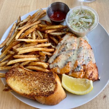 Long Beach Fish Grill - Salmon with garlic butter & French fries. Coleslaw & garlic bread are included in all grilled plates - Seafood Near Me - Torrance, California Long Beach Fish Grill - Salmon with garlic butter & French fries. Coleslaw & garlic bread are included in all grilled plates - Seafood Near Me - Torrance, California