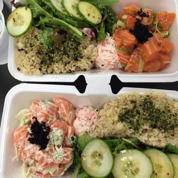 Poke District - Godzilla bowl(bottom)  & original soy bowl(top) . Both bowls w/salmon, half brown rice & cucumber salad , seaweed, & crab meat . - Seafood Near Me - Orange, California