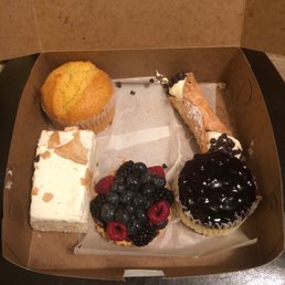 Cannoli, blueberry cheesecake cup, fruit tart, cannoli cake slice, corn muffin