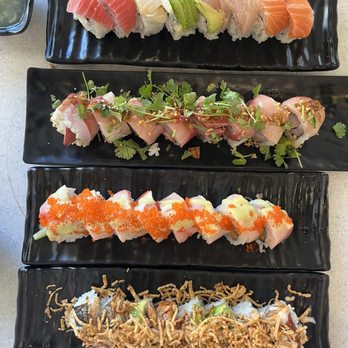Kakuna Sushi - Each roll has eight pieces. Rainbow, sunshine, citrus, and super cali rolls (top to bottom). - Sushi Bars Near Me - San Leandro, California
