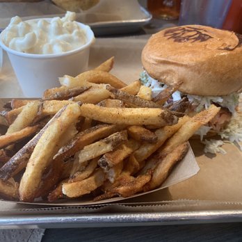 Smok Barbecue - Smoked fish sandwich (fish of the day was salmon) - Barbeque Near Me - Denver, Colorado Smok Barbecue - Smoked fish sandwich (fish of the day was salmon) - Barbeque Near Me - Denver, Colorado