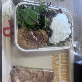 Yafa Hummus - Bowl with chicken, rice, spring mix, hummus, tzatziki and garlic sauce. And it comes with pita on the side! - Mediterranean Near Me - Lodi, California
