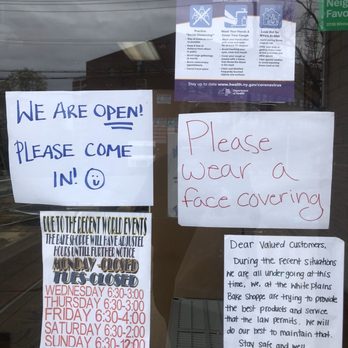 White Plains Bake Shoppe - The signs explaining the importance of wearing masks inside the bakery - Bakeries Near Me - White Plains, New York White Plains Bake Shoppe - The signs explaining the importance of wearing masks inside the bakery - Bakeries Near Me - White Plains, New York