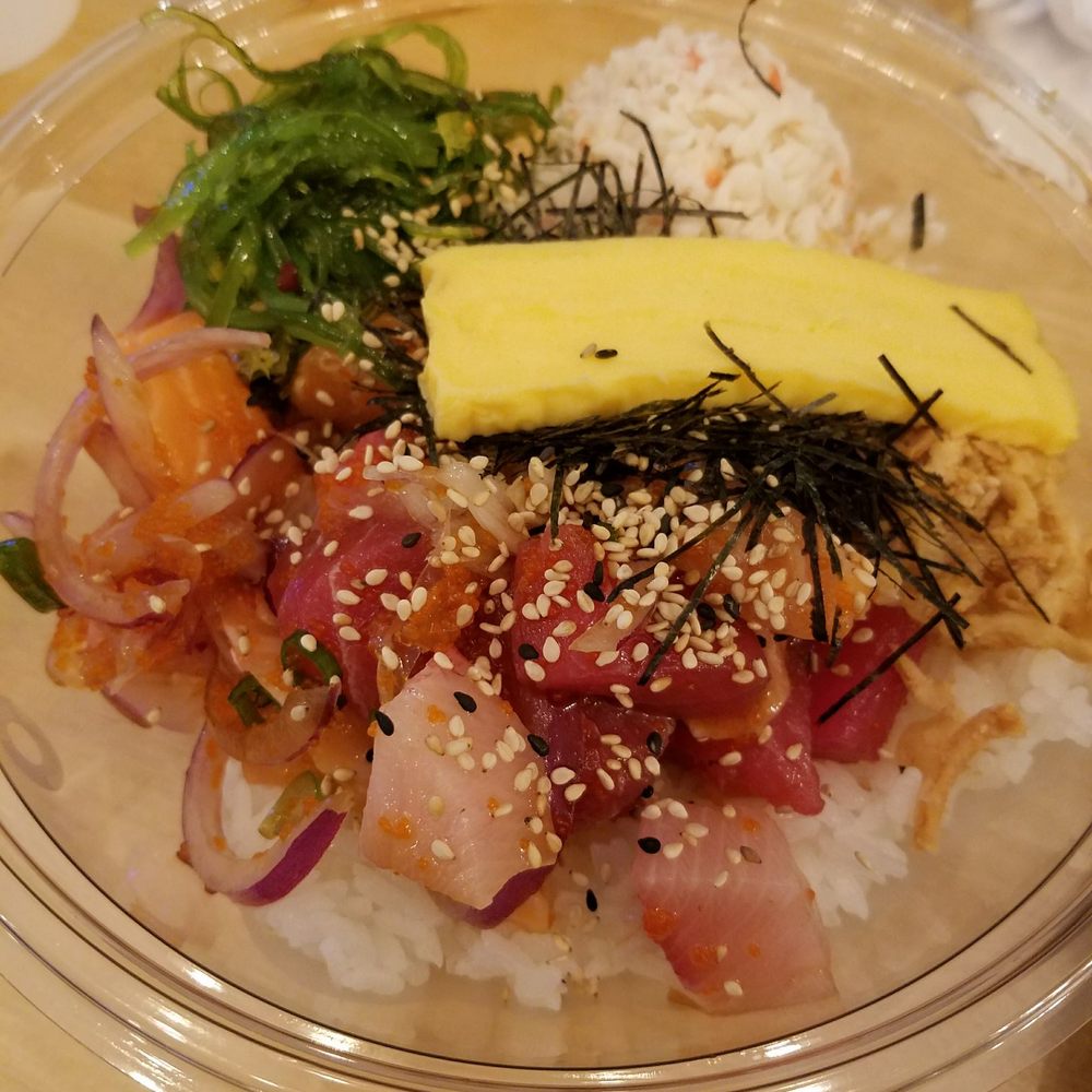Poke Time - Large bowl with salmon, yellowtail, tuna, tamago and seaweed salad. - Poke Near Me - Plano, Texas Poke Time - Large bowl with salmon, yellowtail, tuna, tamago and seaweed salad. - Poke Near Me - Plano, Texas