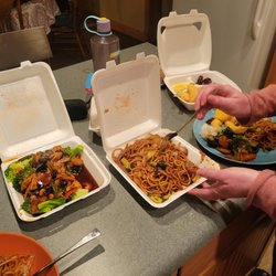 Containers from left to right: Broccoli and Cashew w/ Hot Garlic Sauce, Veggie Chow Mein, Honey Walnut Prawns