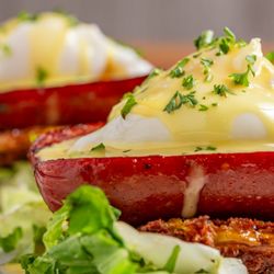 Sunshine Grille - Brisket Sausage over Fried Green Tomato Benny