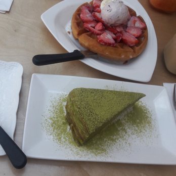 Prince Tea House - Green tea mille crepe cake and a strawberry waffle with red bean ice cream - Desserts Near Me - Brooklyn, New York Prince Tea House - Green tea mille crepe cake and a strawberry waffle with red bean ice cream - Desserts Near Me - Brooklyn, New York