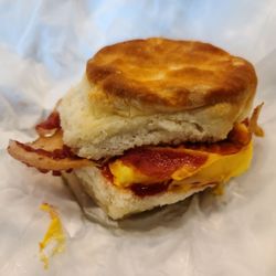 Johnny's Hot Dogs - Bacon, egg, & cheese on a biscuit. The biscuit was super soft and buttery. Perfectly made.