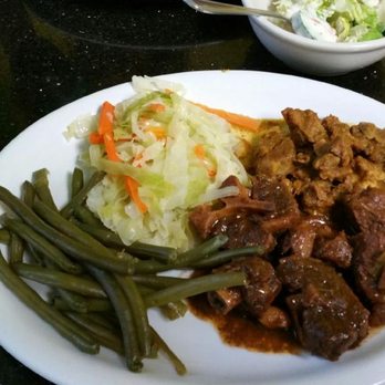 Sweet Spice - Three meat combo, including oxtails, beef stew and curry goat; served with two sides, I had cabbage & carrots w/ green beans - Caribbean Near Me - Savannah, Georgia