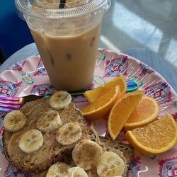Amonie Jo's Coffee - Peanut butter banana honey toast, fresh fruit, iced latte