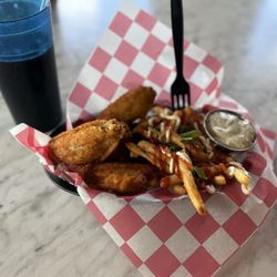 Neighborhood Wing Co - Traditional wings meal, Cajun Fire flavor, and loaded fries with a Diet Pepsi to drink.