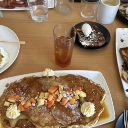 Breakfast sandwich, macadamia nut pancakes, chocolate brioche