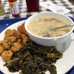 Chicken and Dumplings with collards and fried okra.