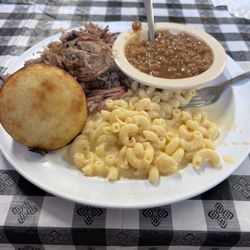 Pig In Boots BBQ - Pulled pork, Mac and cheese, baked beans, corn bread