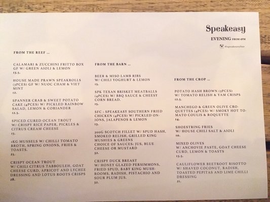 Menu photo 2 Speakeasy Kitchen Bar South Yarra, VIC Menu photo 2 Speakeasy Kitchen Bar South Yarra, VIC