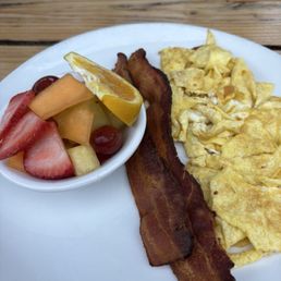 Eggs, bacon and fruit Eggs, bacon and fruit