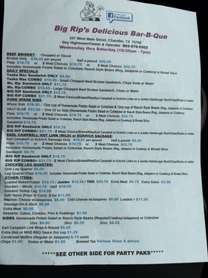 Menu photo 1 Big Rip's Delicious BBQ Chandler, TX Menu photo 1 Big Rip's Delicious BBQ Chandler, TX