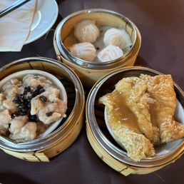 Steamed spare ribs, shrimp dumpling (har gow), pork and shrimp bean curd skin roll