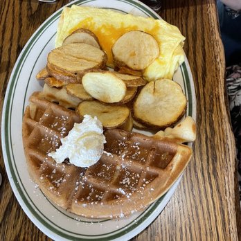 Cottage Cafe - half waffle, cottage fries, and scrambled eggs - Breakfast & Brunch Near Me - Spokane Valley, Washington