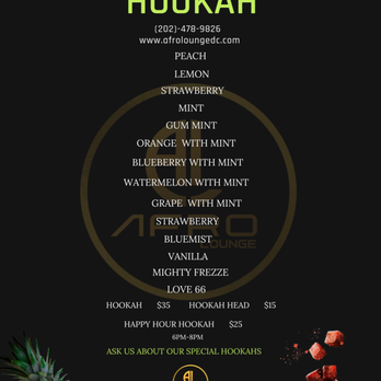 Afro Lounge - the menu for afro hoorah - Lounges Near Me - Washington, DC, District of Columbia Afro Lounge - the menu for afro hoorah - Lounges Near Me - Washington, DC, District of Columbia