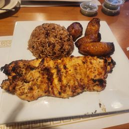 Chicken churrasco, gallo pinto and fried plantains. Chicken churrasco, gallo pinto and fried plantains.