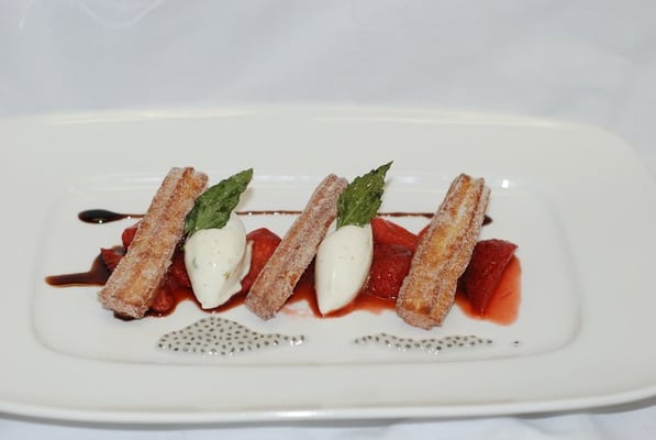 Photo of Bong Su - San Francisco, CA, US. Churros with whipped creme fraiche, poached strawberries and balsamic reduction