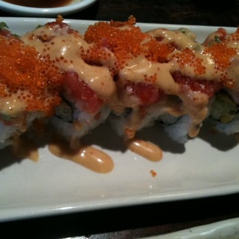 Sushi Zen - Creative roll-shrimp tempura, avocado and cucumber inside and topped with thin tuna and fish-eggs and sauce - Sushi Bars Near Me - Mill Creek, Washington