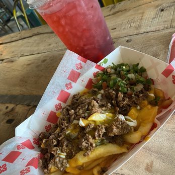 Fusion Tacos - Green Jeans - Carne Asada Fries and hibiscus aqua Aguas Frescas - Tacos Near Me - ALBUQUERQUE, New Mexico